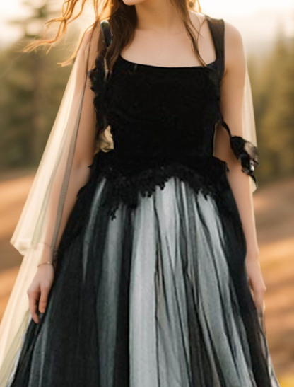 Dresses A-Line Vintage Black Boho Wedding Dresseseses Court Train with Appliques