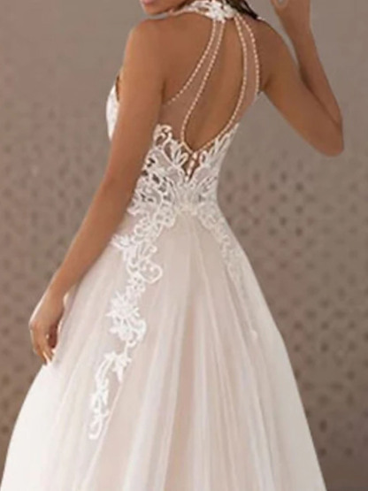 Dresses A-Line Beach Open Back Wedding Dresseseses Halter With Pleats Appliques