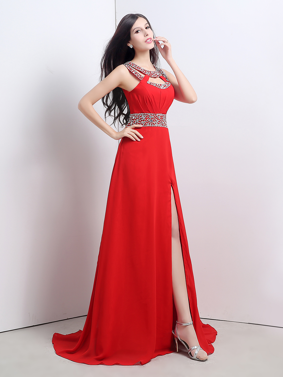 A-Line/Princess Elegant Evening Dress Jewel Neck Chiffon with Beading
