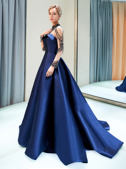 Dress Ball Gown Elegant Luxury Prom Gown High Neck Satin Sequin with Beading