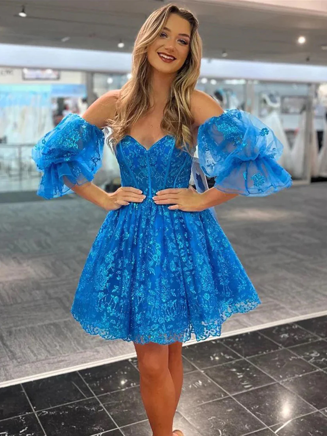 A Line Off the Shoulder Blue Glitter Homecoming Dress with Appliques