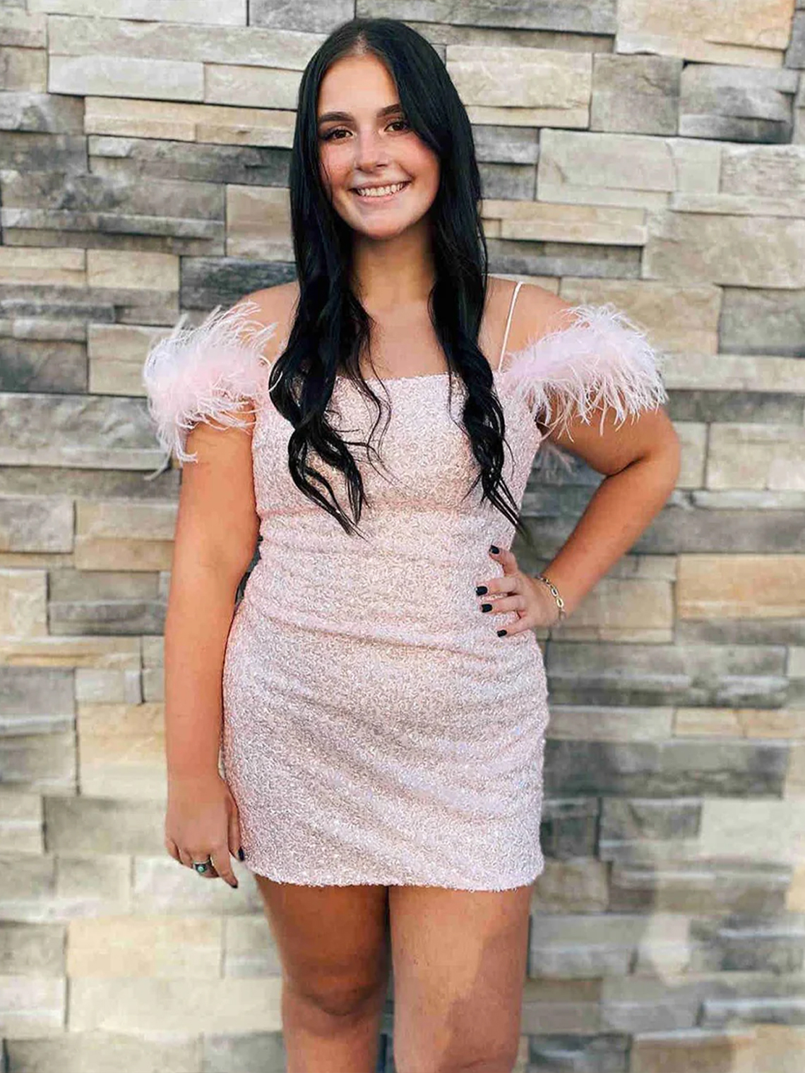 Sheath/Column Off the Shoulder Sequins Homecoming Dress with Feathers