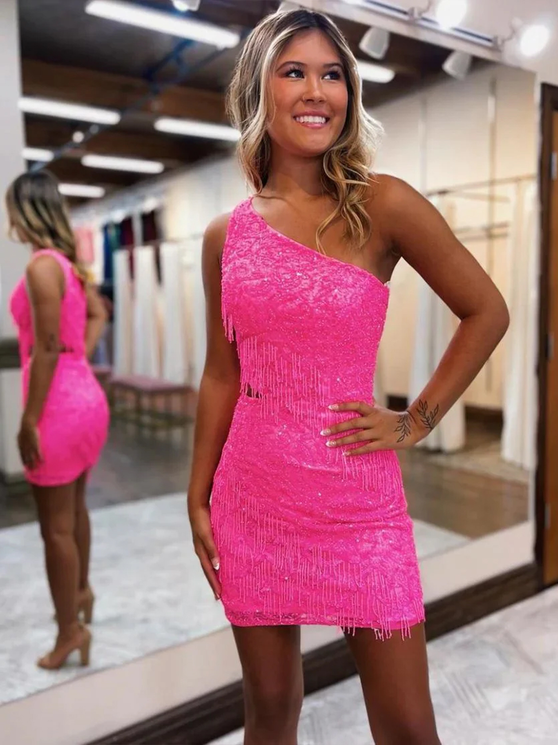 Sheath/Column One Shoulder Homecoming Dress With Tassel