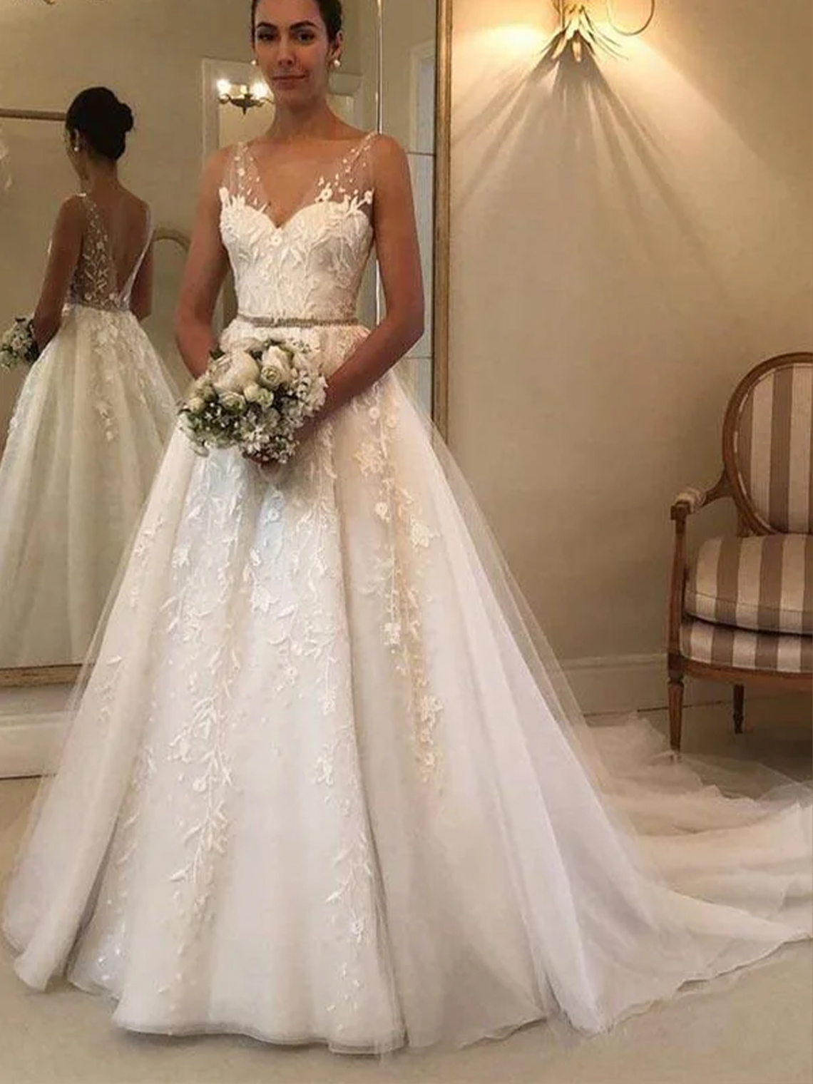  A-line Long Open Back Wedding Dress With Sweetheart Tulle