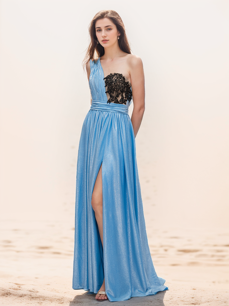 A-Line Formal Evening Prom Gown Floor Length One Shoulder Appliques