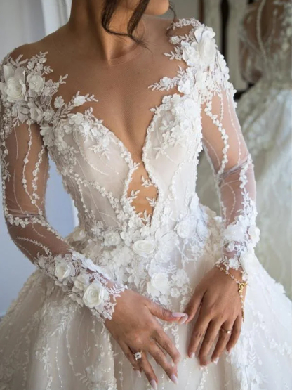 Dresses A-line Long Sleeves Sweetheart Open Back Wedding Dresseseses With Tulle Lace