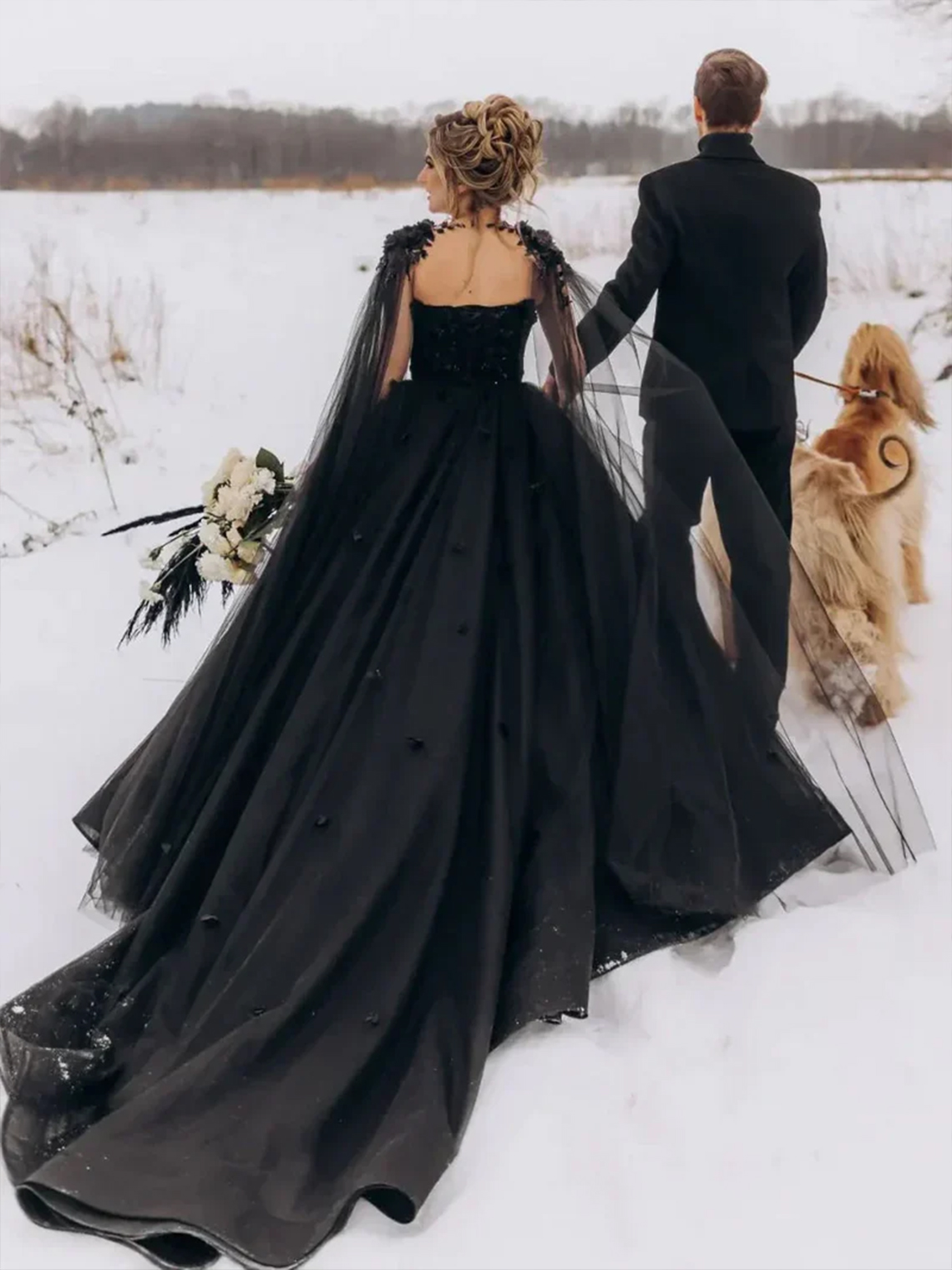 Princess Black Gothic Wedding Dress 3D Flowers Bridal Gown With Cape