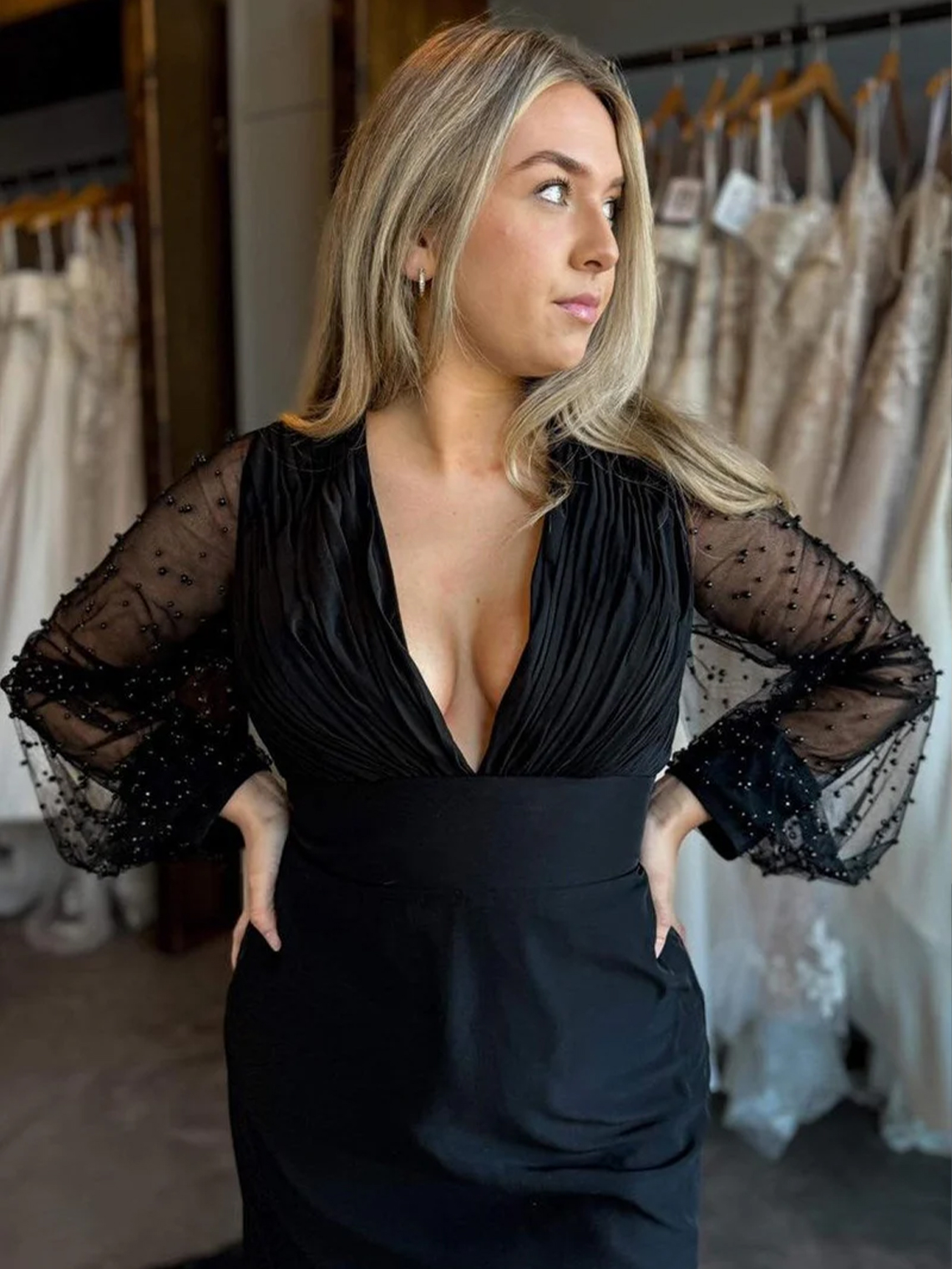 Mermaid Black Beaded V-Neck Backless Long Wedding Dress with Sleeves