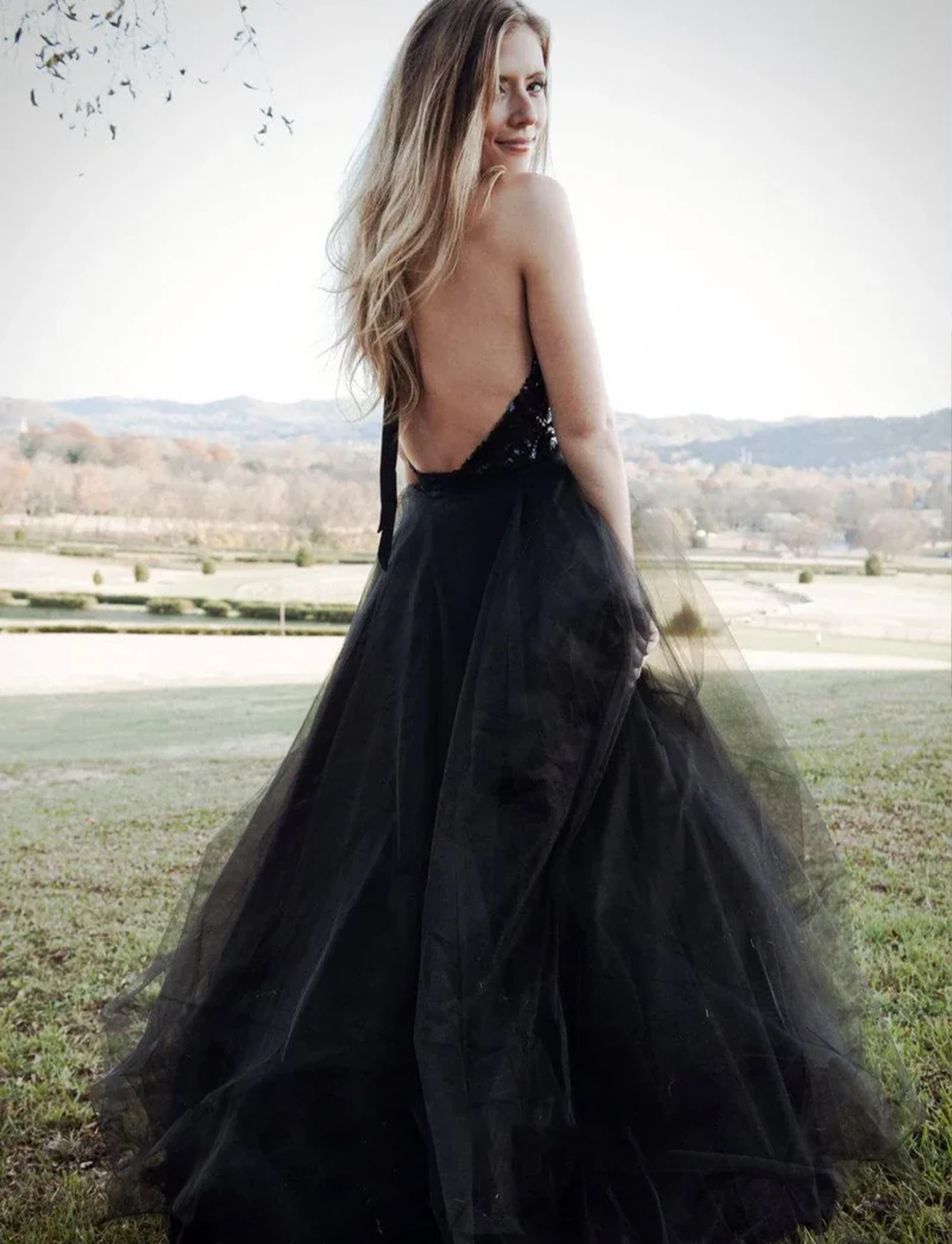 A-Line Halter Backless Tulle Black Wedding Dresses With Sequins