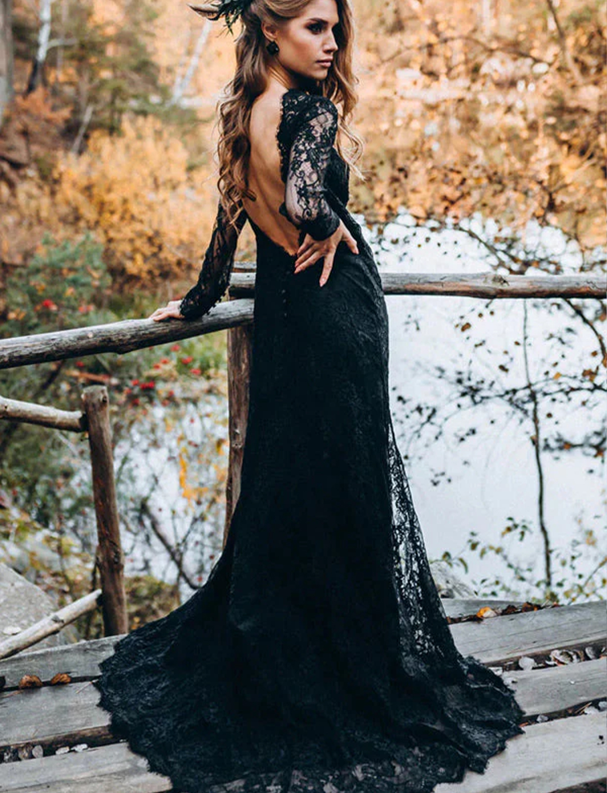 A line Black Sweetheart Long Sleeves Beach Lace Wedding Dresses