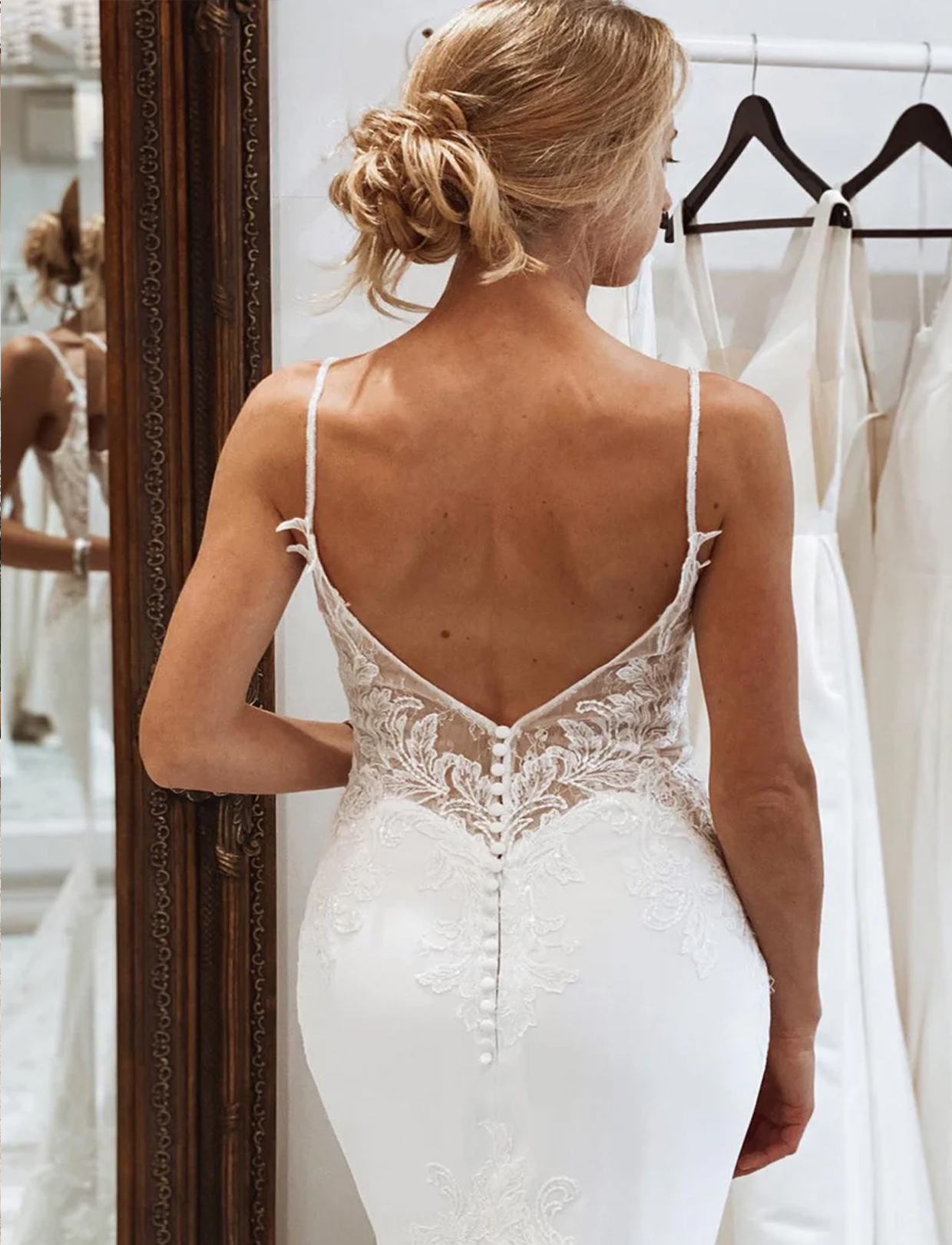 Mermaid Lace Long Backless Wedding Dress with Button
