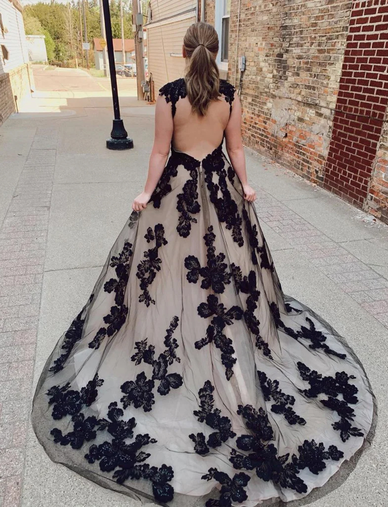 Open Back Black Champagne Court Train Wedding Dress With Appliques