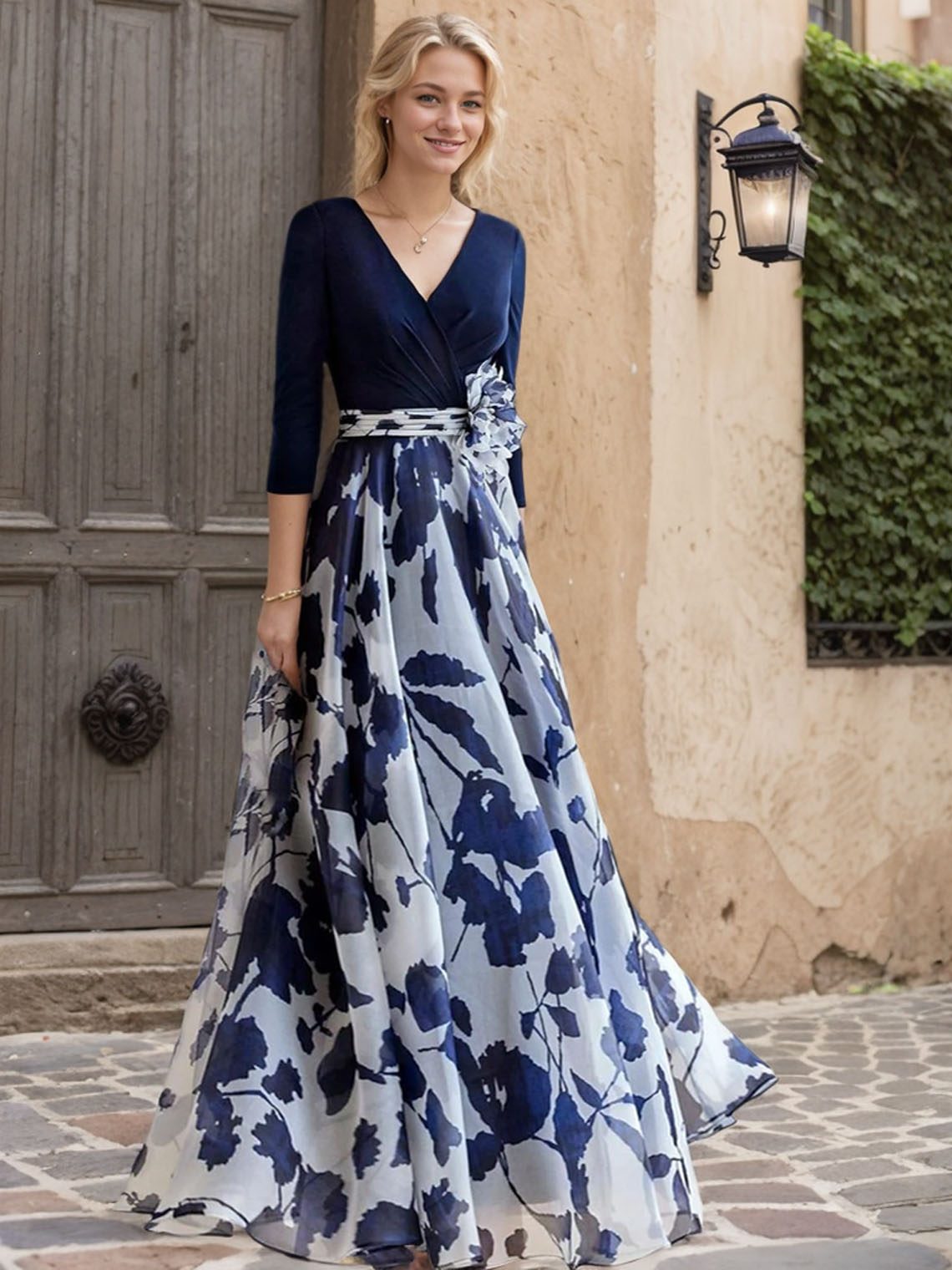 A Line Chiffon V Neck 3/4 Length Sleeve with Flower Evening Dress