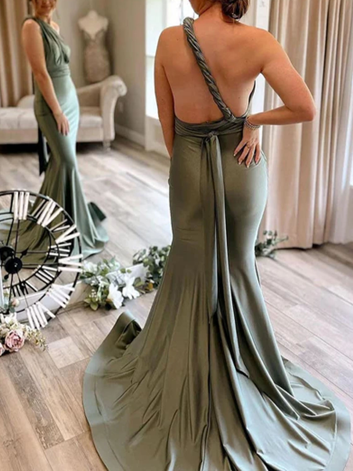 Mermaid Light Green Satin V Neck Convertible Bridesmaid Dress