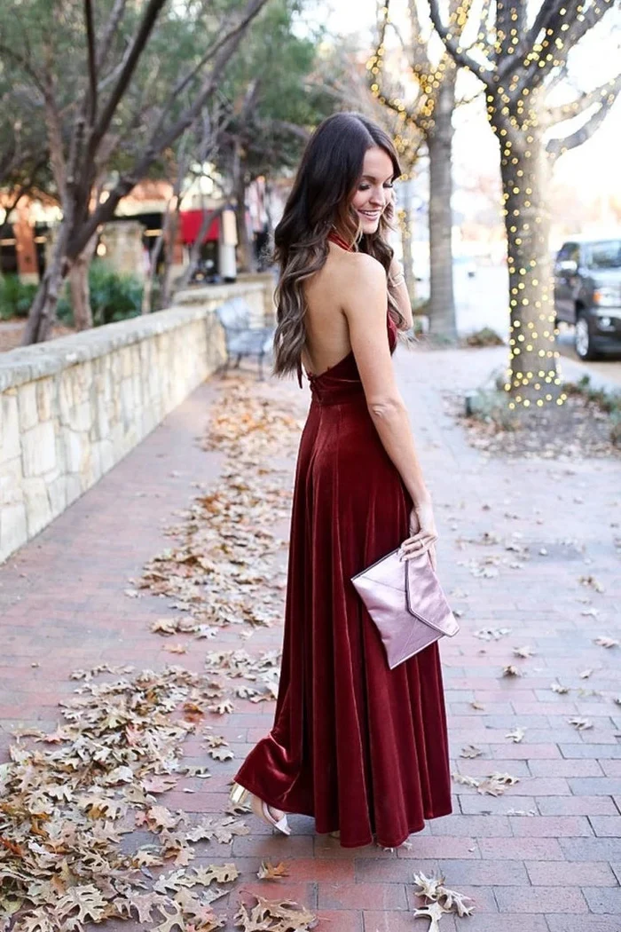 A-Line/Princess Halter Backless Burgundy Velvet Long Bridesmaid Dress