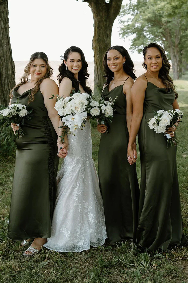 Sheath/Column Green Satin Cowl Neck Bridesmaid Dresses