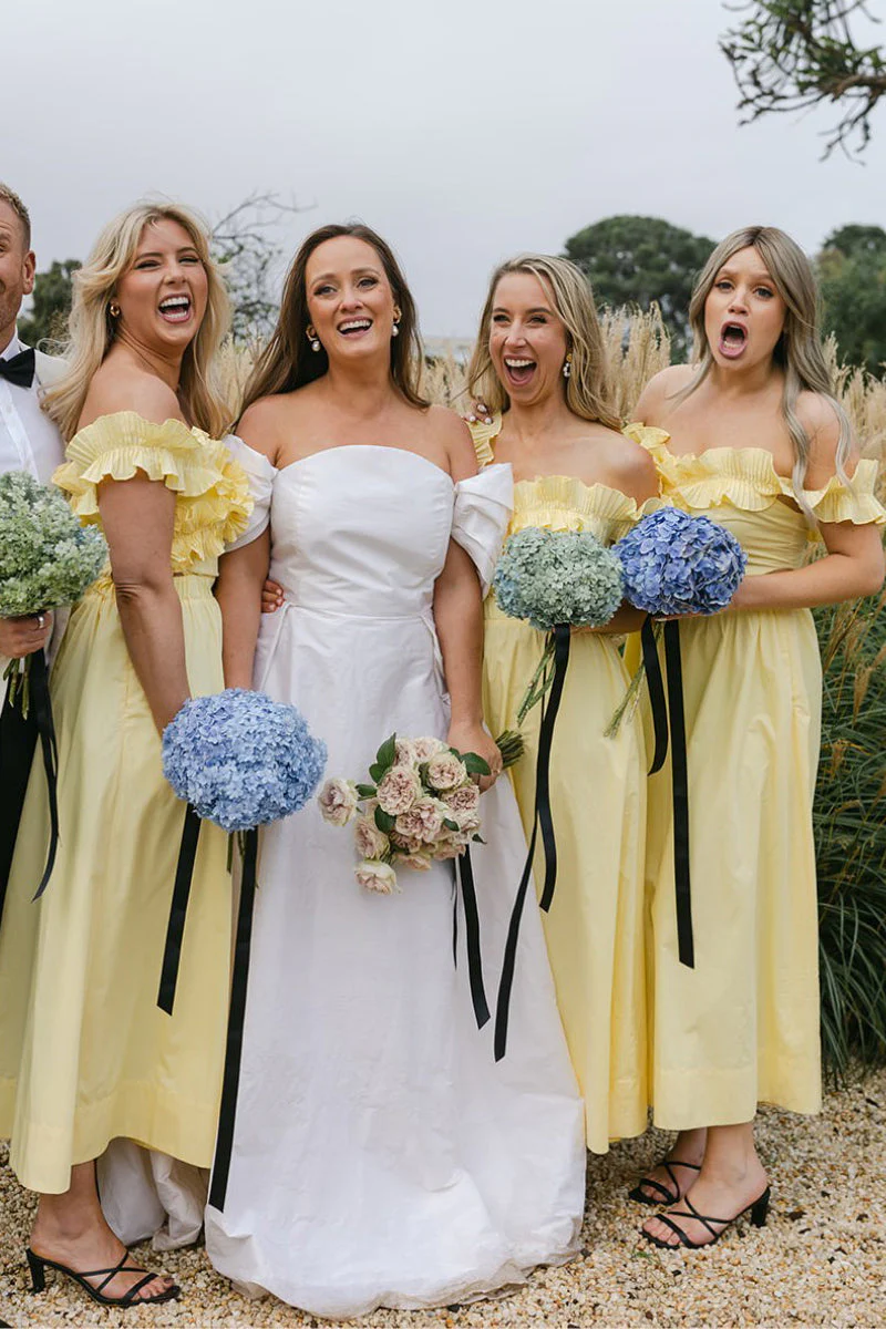 Off the Shoulder Ruffle Satin Ankle Length Yellow Bridesmaid Dresses