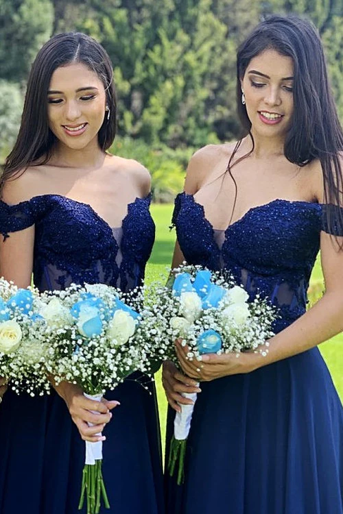 A-Line/Princess Lace Off-the-Shoulder Long Bridesmaid Dress
