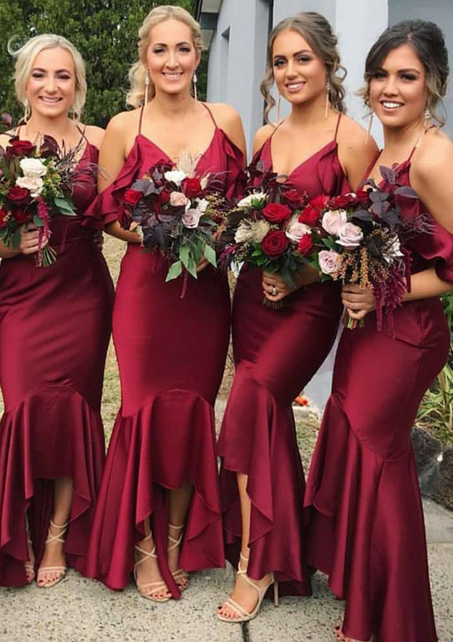 Trumpet/Mermaid V Neck Charmeuse Bridesmaid Dresses With Ruffles