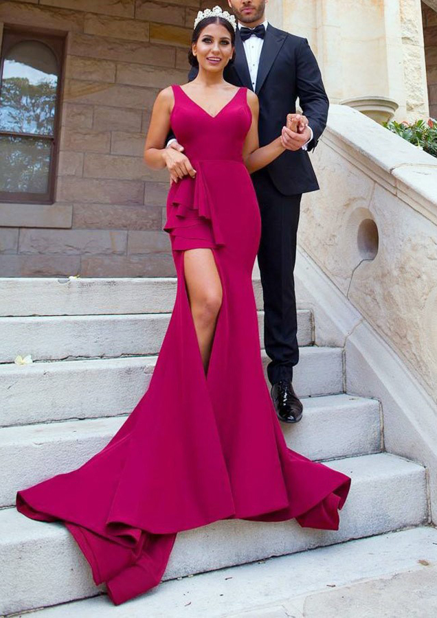 Trumpet/Mermaid V Neck Sleeveless Court Train Satin Bridesmaid Dress