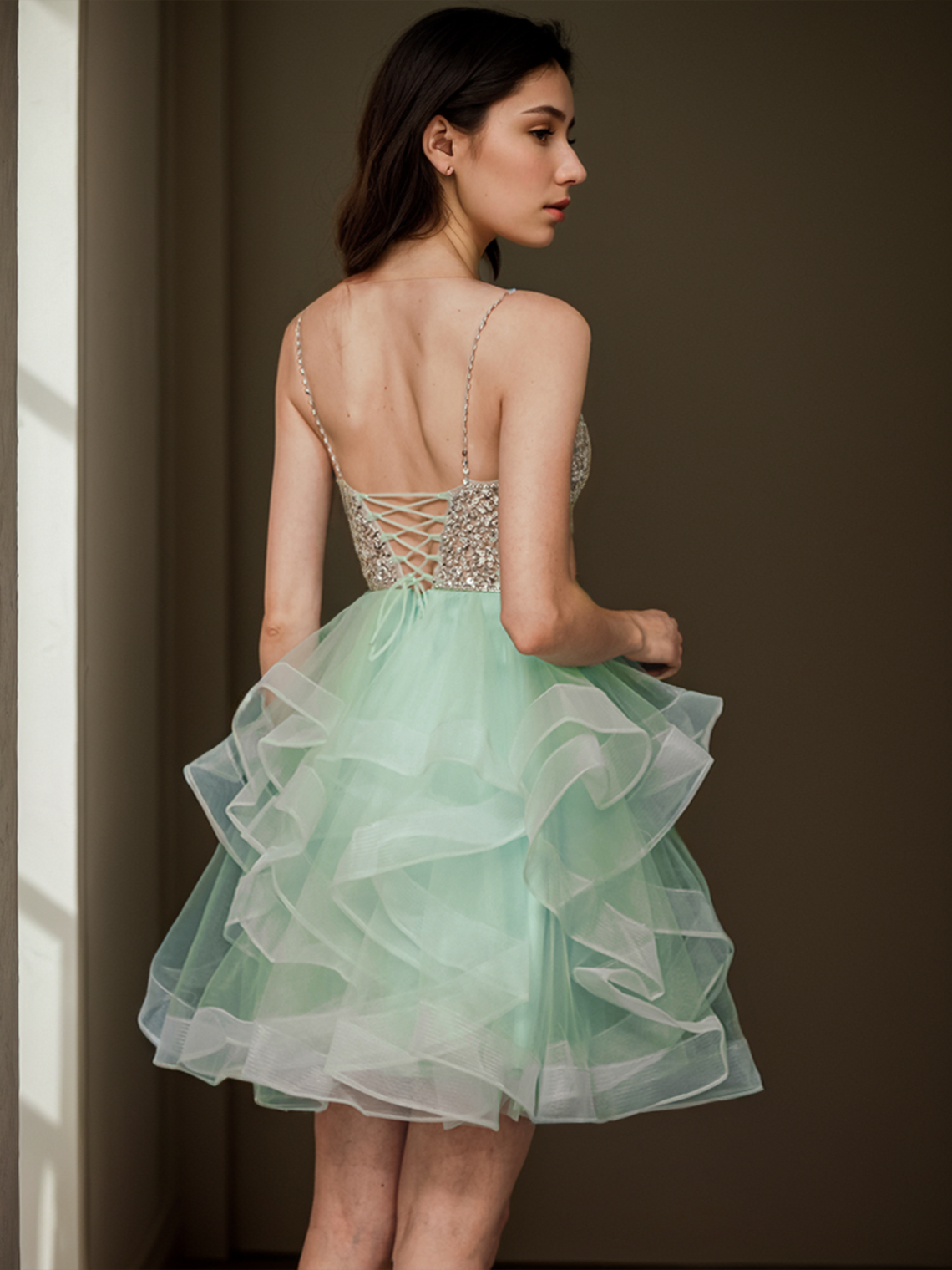 A-Line Glittering Homecoming Dresses Tiered Plisse Cocktail Party Dress