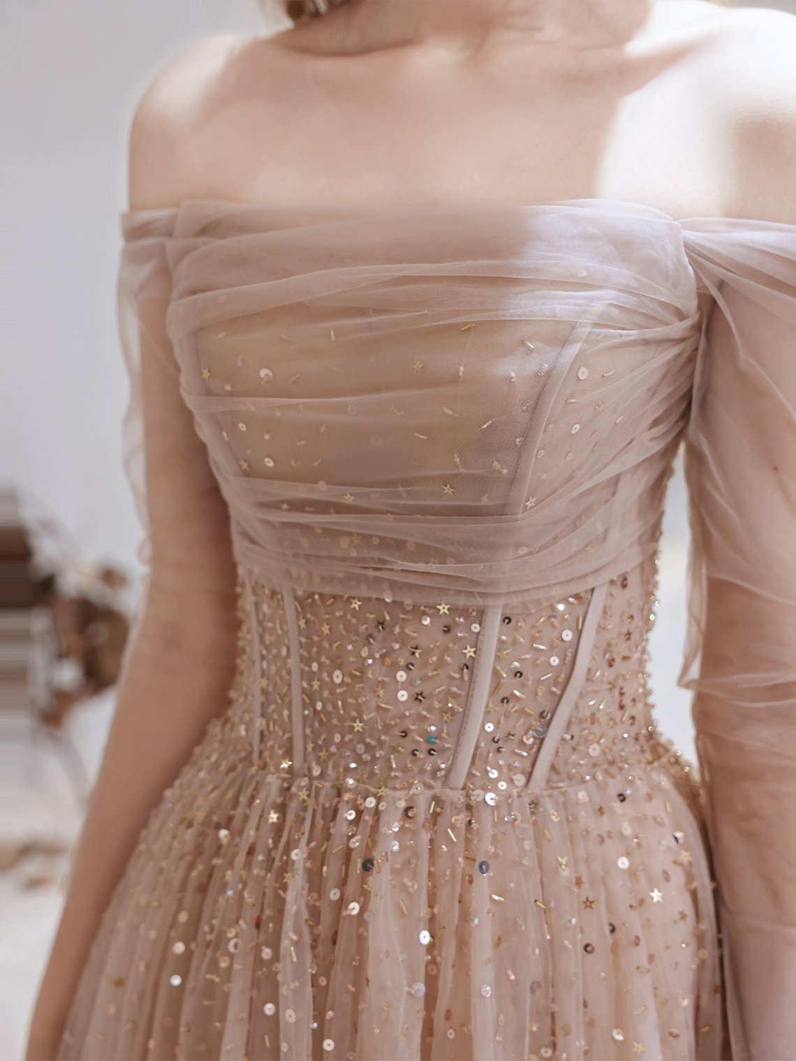 A-Line Glittering Evening Dress Prom Dress Off Shoulder Floor Length