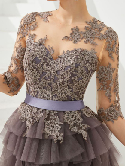 Dress A-Line/Princess Vintage Evening Prom Dress Jewel Neck Tulle Appliques