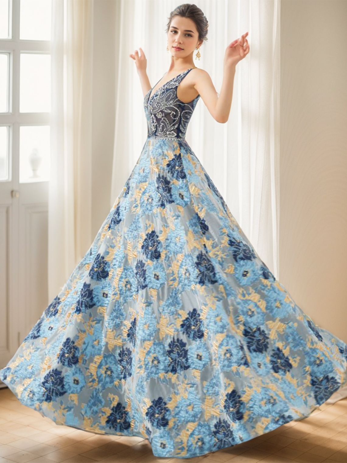 A-Line Evening Prom Dress V Neck Sleeveless Floor Length Party Gowns