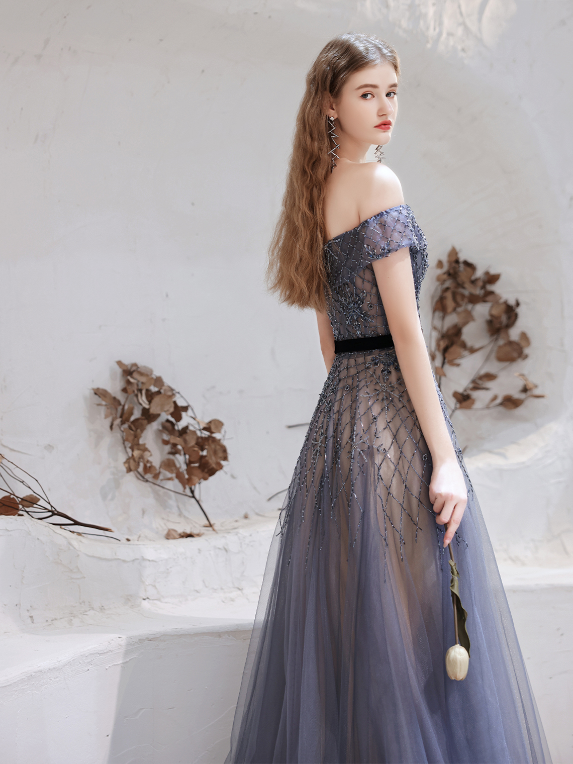 A-Line/Princess Evening Dress Elegant Formal Sparkle Beading Prom Gown