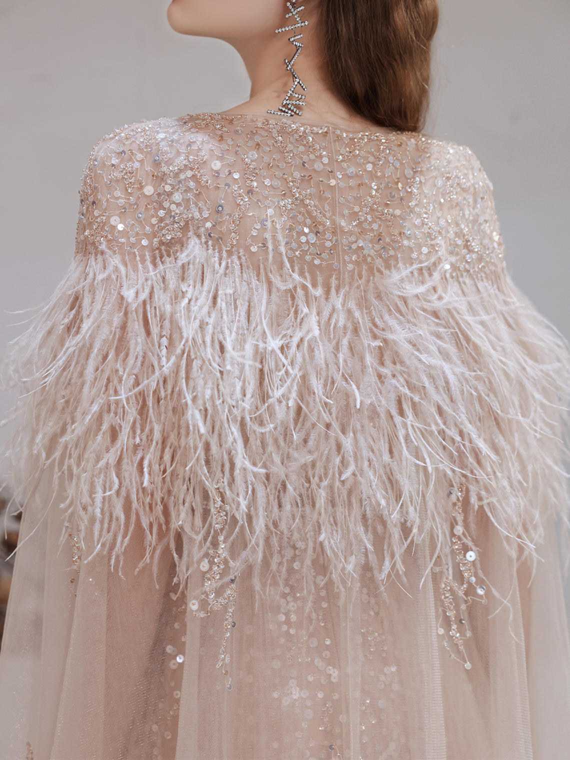 A-Line/Princess Glittering Evening Dress Prom Dress Sweep/Brush Train Feather Cape