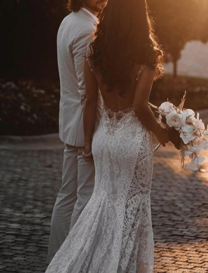 Dresses Mermaid/Trumpet Beach Sexy Boho Wedding Dresseseses Open Back V Neck
