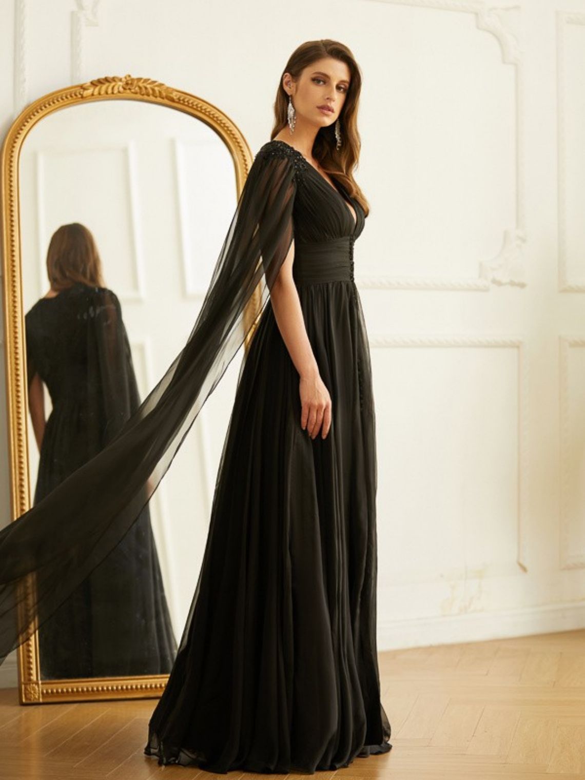 A-Line/Princess Ruched V-neck Long Sleeves Floor-Length Dresses