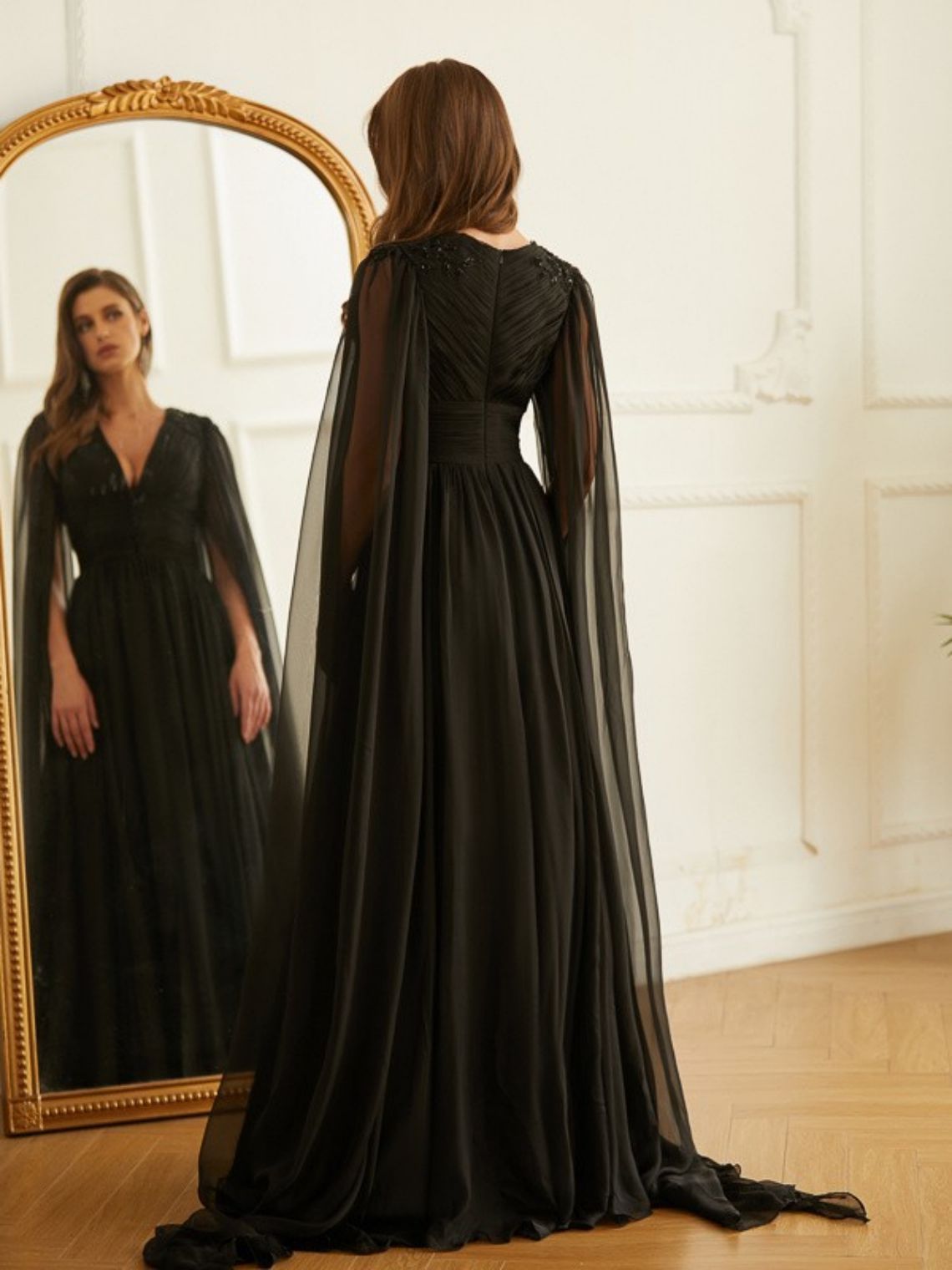 A-Line/Princess Ruched V-neck Long Sleeves Floor-Length Dresses