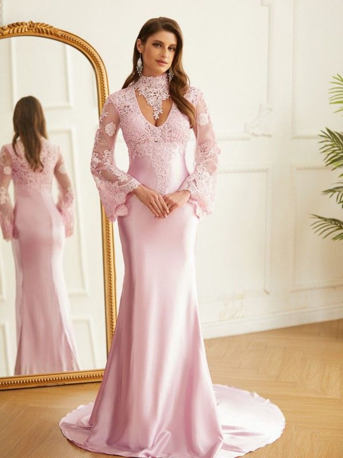 Sheath/Column Silk like Satin Lace High Neck Long Sleeves Dresses