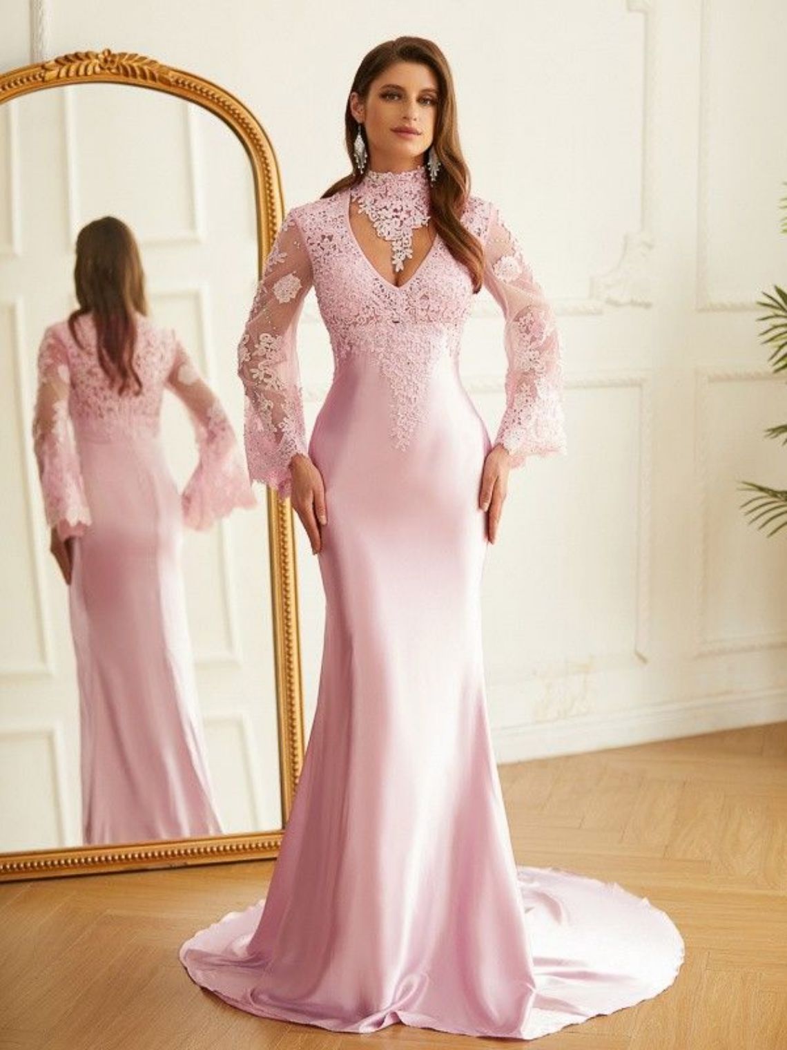 Sheath/Column Silk like Satin Lace High Neck Long Sleeves Dresses