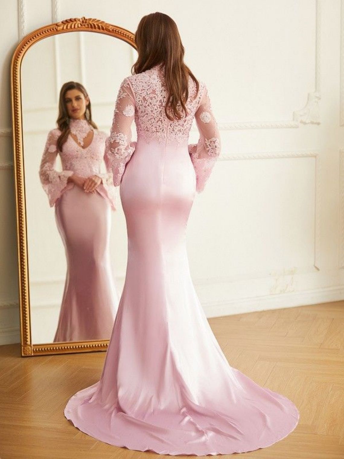 Sheath/Column Silk like Satin Lace High Neck Long Sleeves Dresses