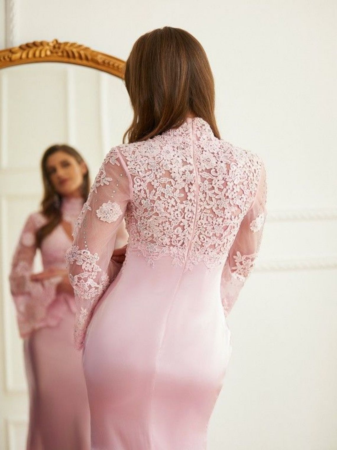 Sheath/Column Silk like Satin Lace High Neck Long Sleeves Dresses