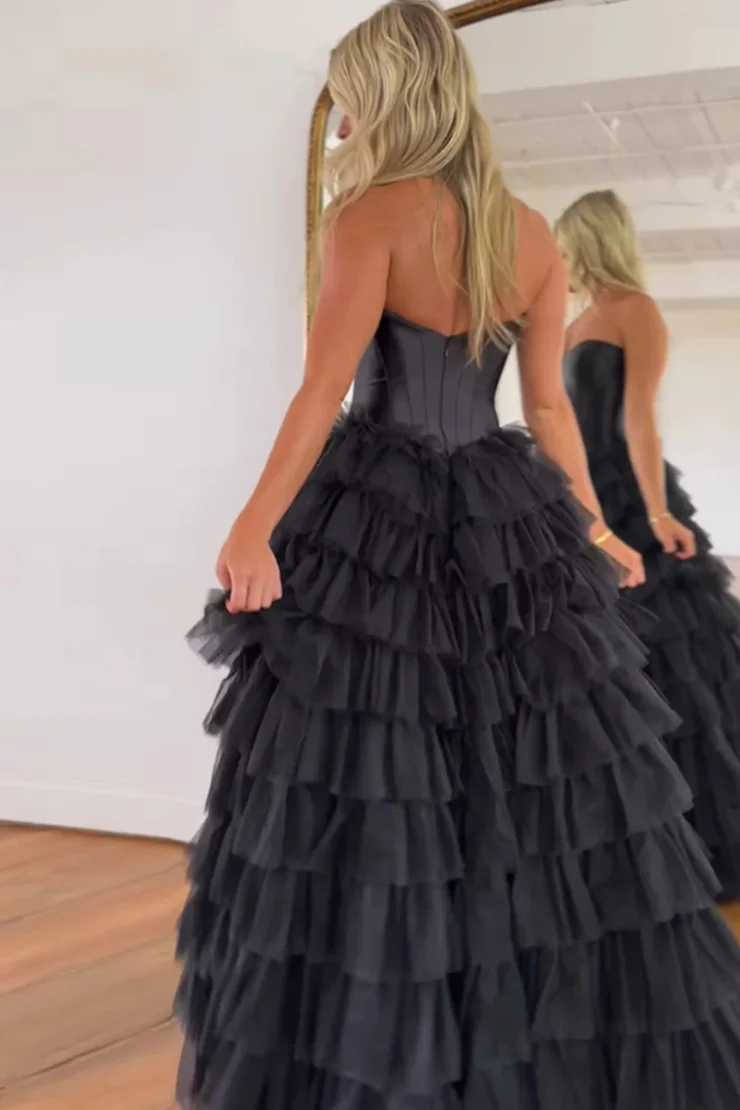 A-Line&Princess Slit Tulle Sweetheart Pleated Long Prom Dress Evening Dress