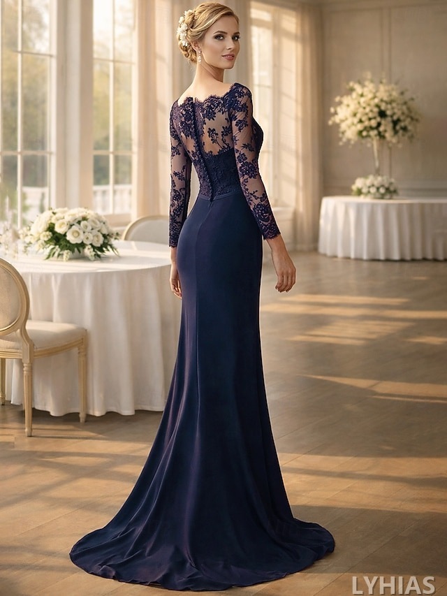 Mermaid Trumpet Mother of the Bride Dresses Floor Length Long Sleeve Off Shoulder Lace Elegant