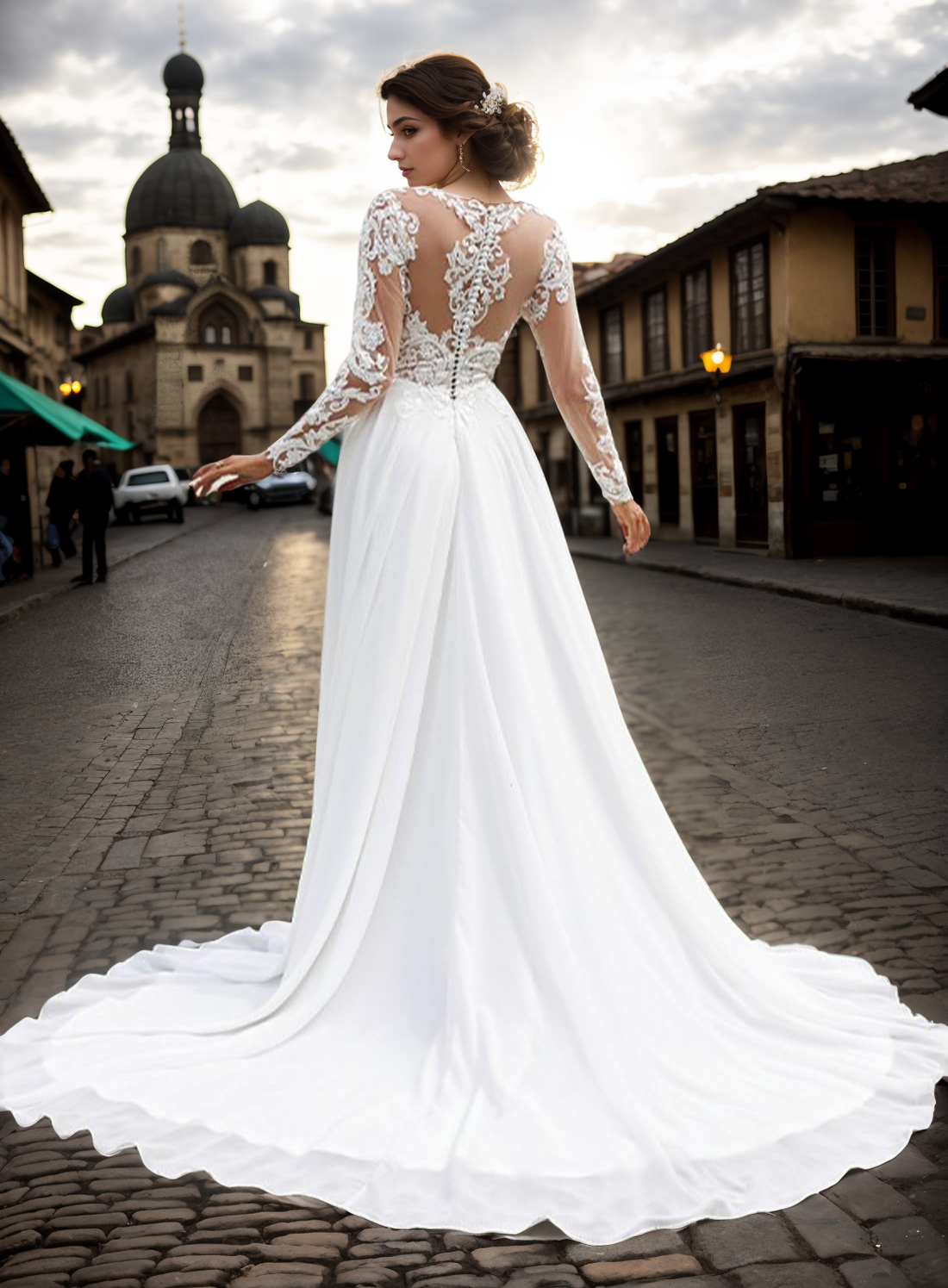 A-Line/Princess Wedding Dresses Chiffon Applique V-Neck Long Sleeves Sweep/Brush Train Bridal Gowns 2024