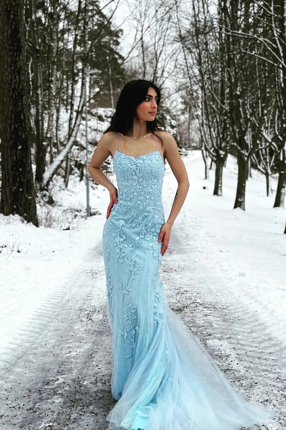 Mermaid/Trumpet Tulle Lace Appliques Scoop Neck Long Prom Dresses Long Evening Dresses