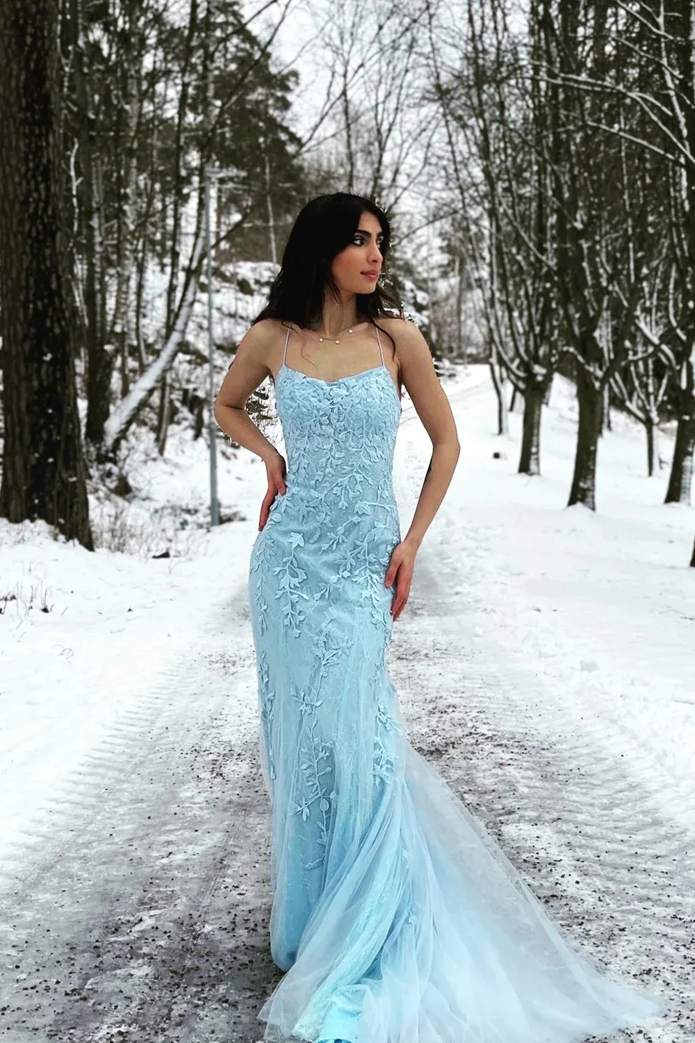 Mermaid/Trumpet Tulle Lace Appliques Scoop Neck Long Prom Dresses Long
