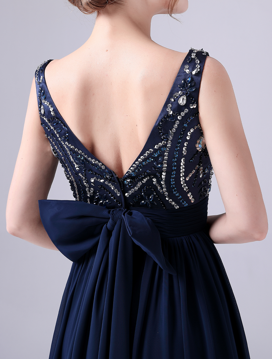 A-Line Prom Dress Bateau Neck V Back Floor Length Elegant Wedding Guest Dresses Chiffon with Pleats Sequin