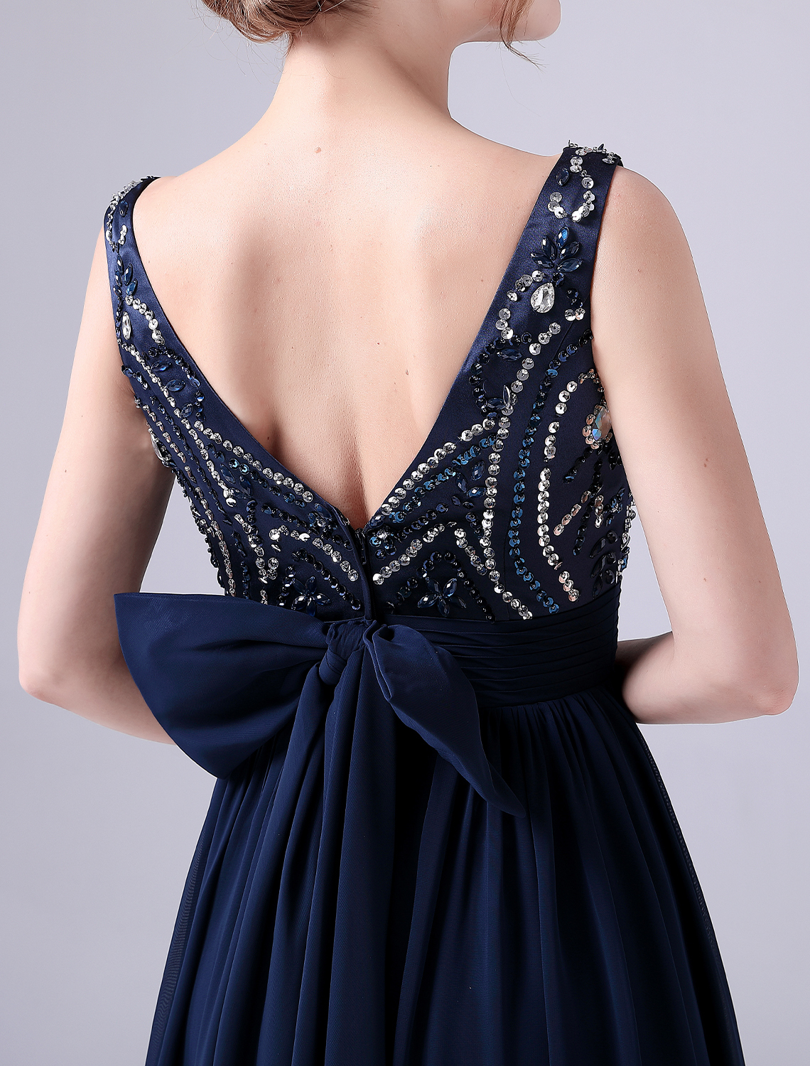 A-Line Prom Dress Bateau Neck V Back Floor Length Elegant Wedding Guest Dresses Chiffon with Pleats Sequin