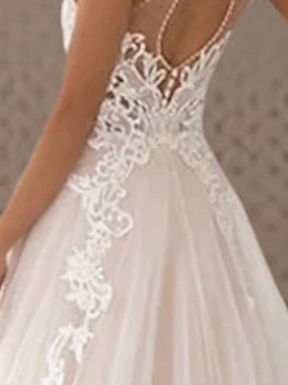 Dresses A-Line Beach Open Back Wedding Dresseseses Halter With Pleats Appliques
