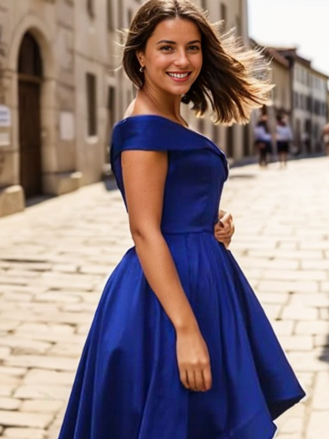 A-line Off Shoulder Satin Asymmetrical Homecoming Dress With Ruffles