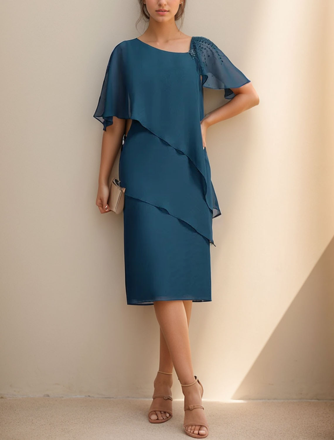 Sheath/Column Homecoming Dress Chiffon Short Sleeve with  Ruffles