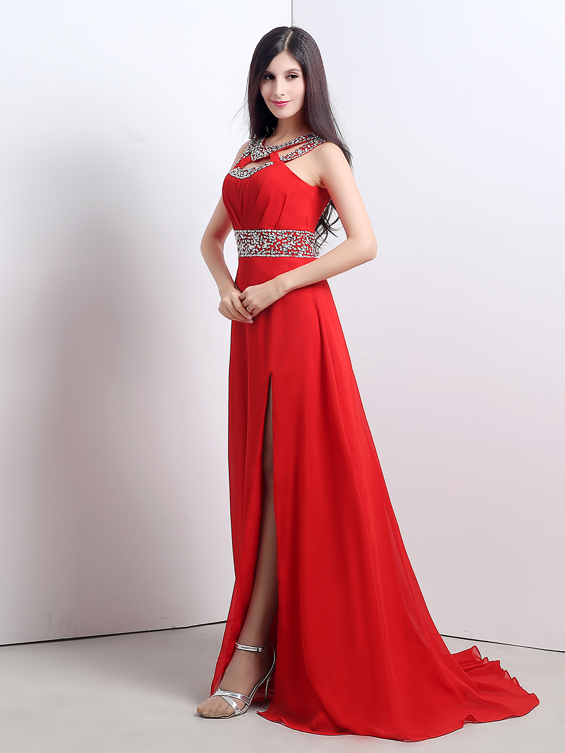 A-Line/Princess Elegant Evening Dress Jewel Neck Chiffon with Beading