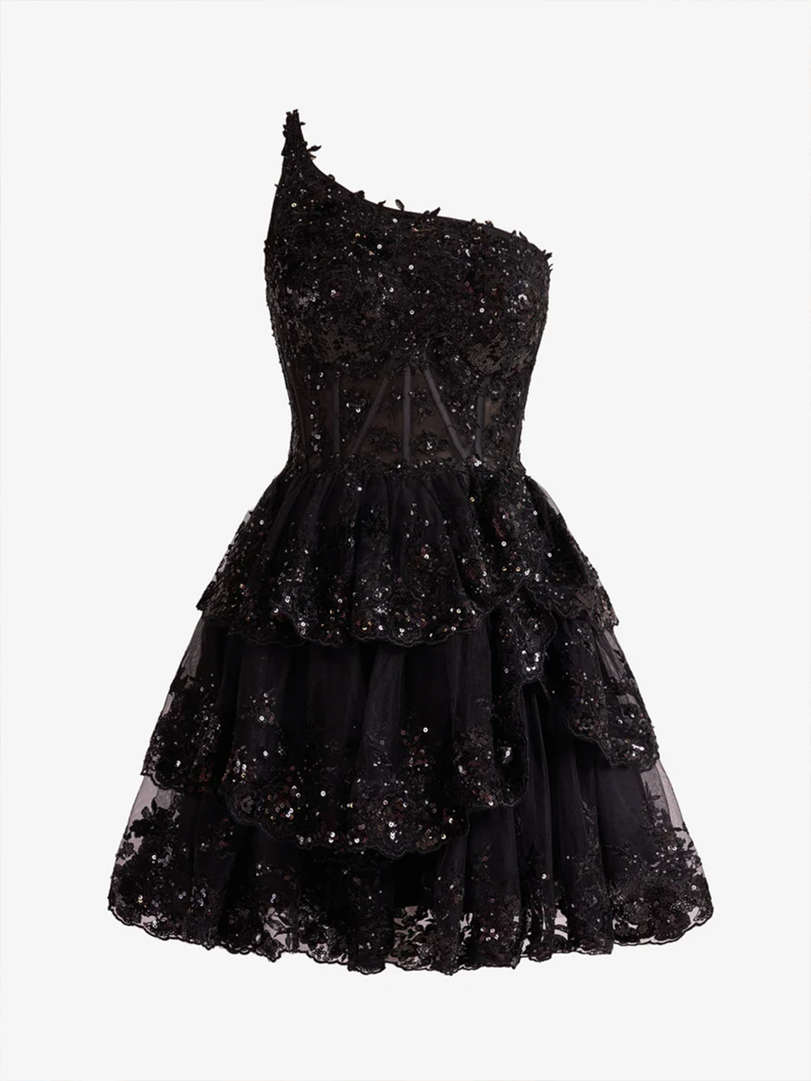 A-Line One Shoulder Navy Tiered Lace Short Homecoming Dress