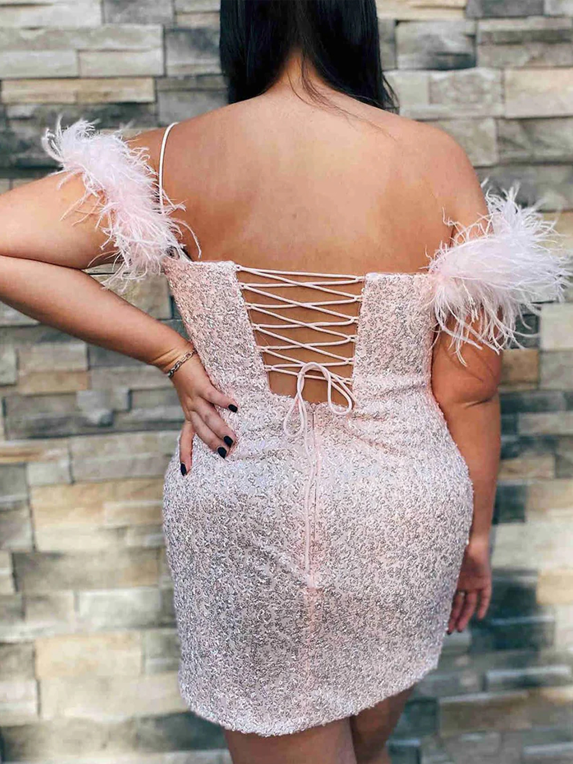 Sheath/Column Off the Shoulder Sequins Homecoming Dress with Feathers